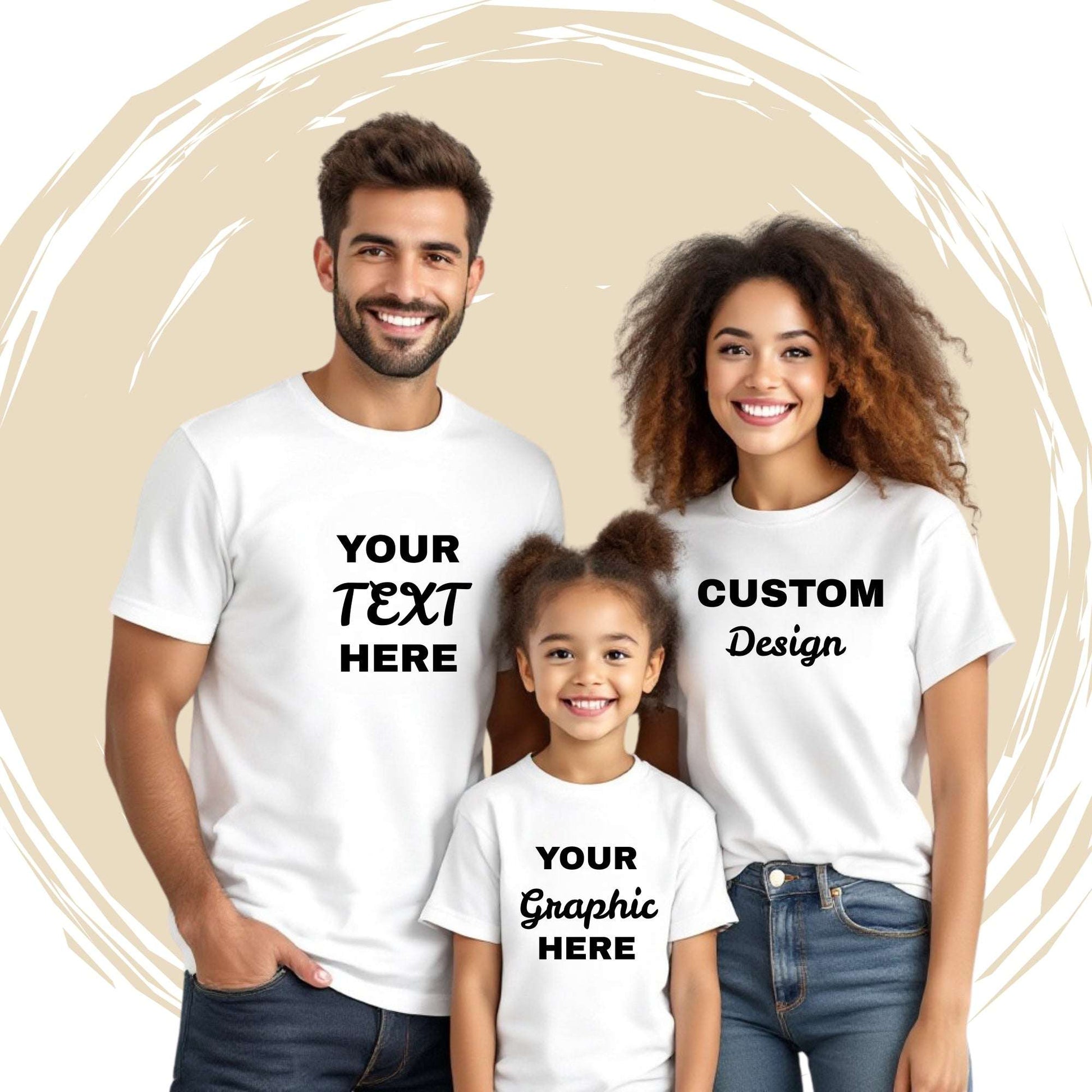 Smiling family wearing matching custom white T-shirts with placeholder text and designs – showcasing personalized family T-shirt printing and custom apparel in Canada by CZORZ.