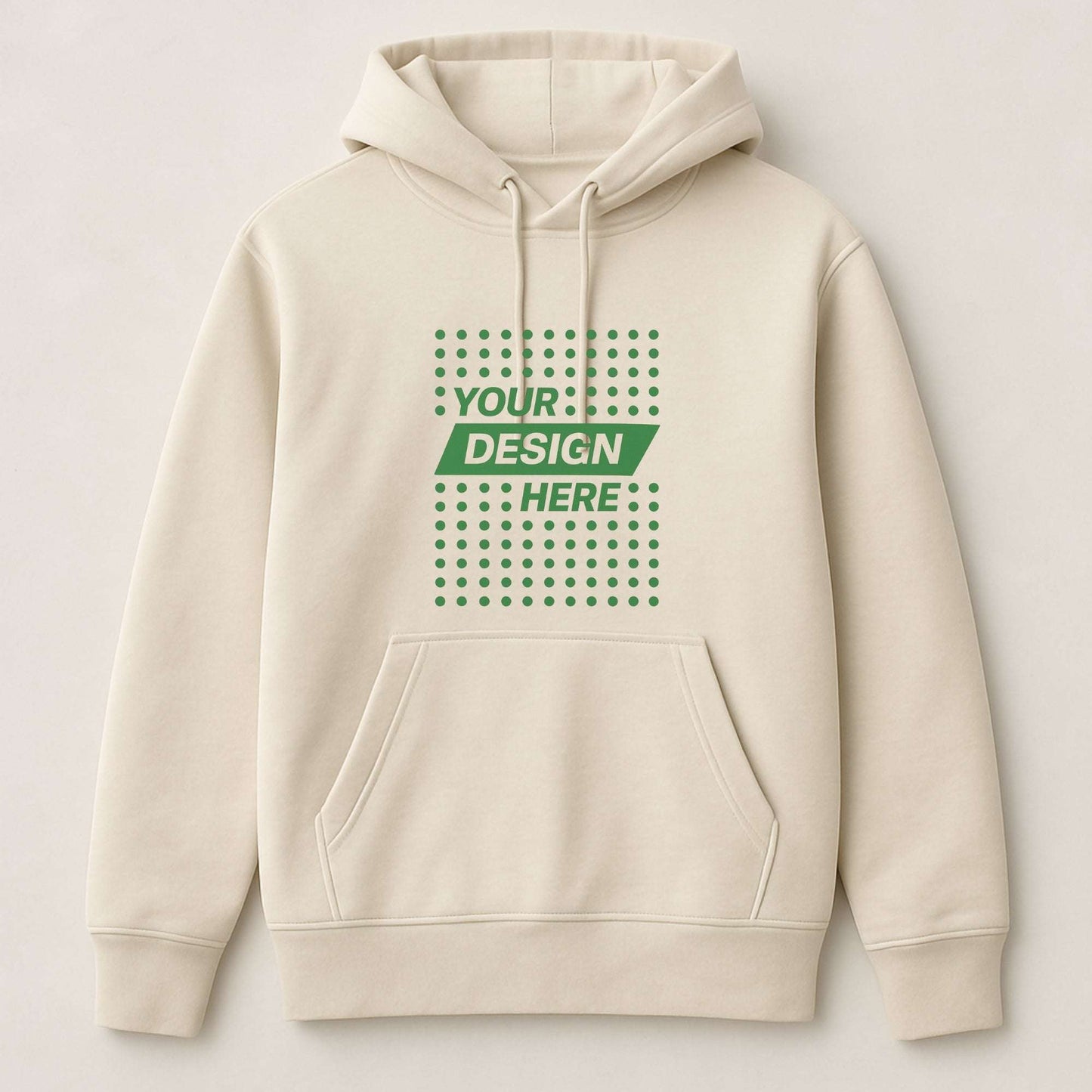 Beige custom hoodie with "Your Design Here" print – featuring front pocket and drawstring hood, part of CZORZ’s design-your-own custom hoodie and sweatshirt collection in Canada.