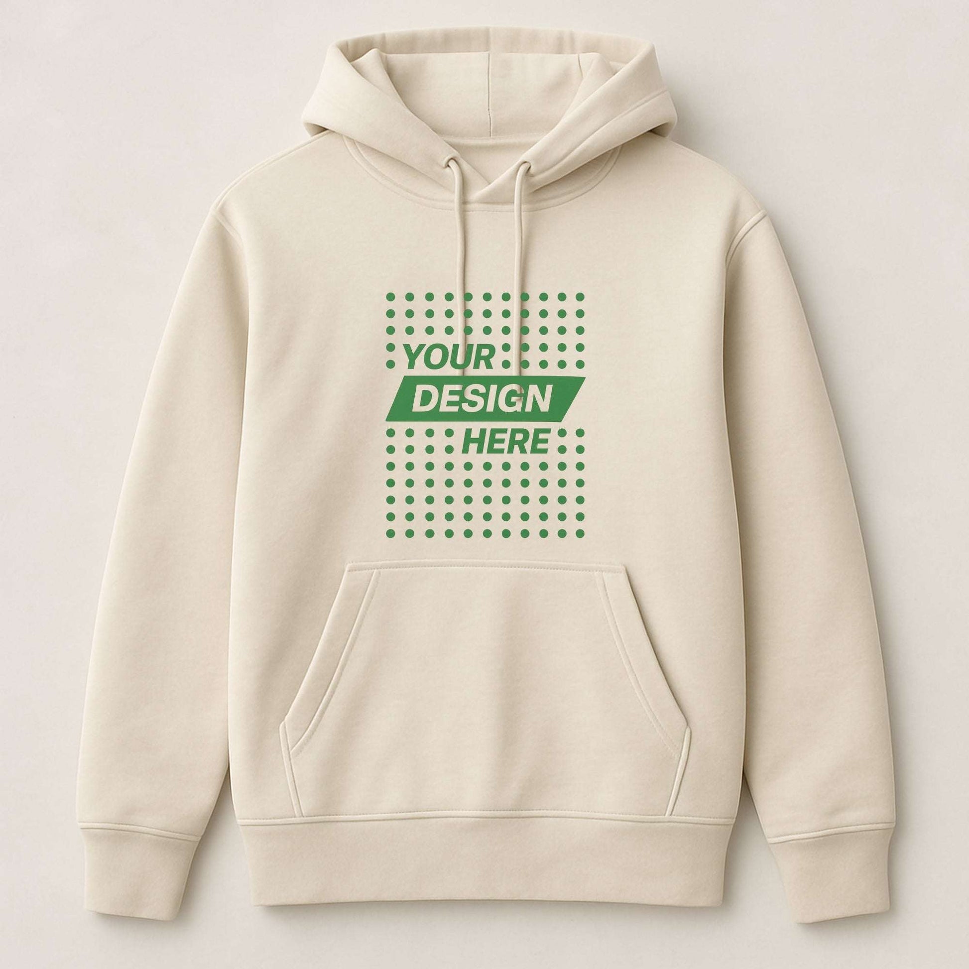Beige custom hoodie with "Your Design Here" print – featuring front pocket and drawstring hood, part of CZORZ’s design-your-own custom hoodie and sweatshirt collection in Canada.