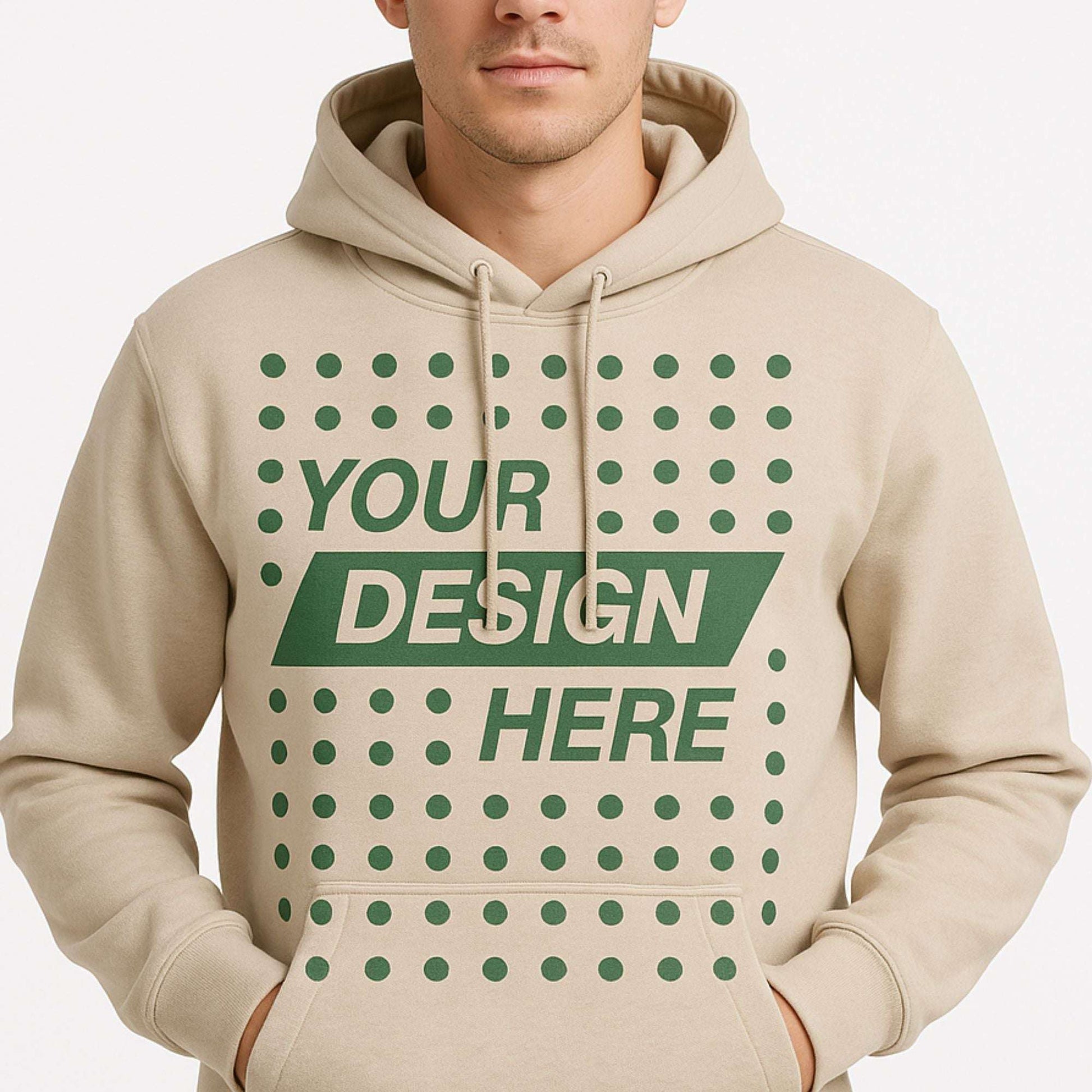 Man wearing beige custom hoodie with "Your Design Here" graphic – design your own custom hoodie in Canada with CZORZ’s premium T-shirt printing and no minimum order