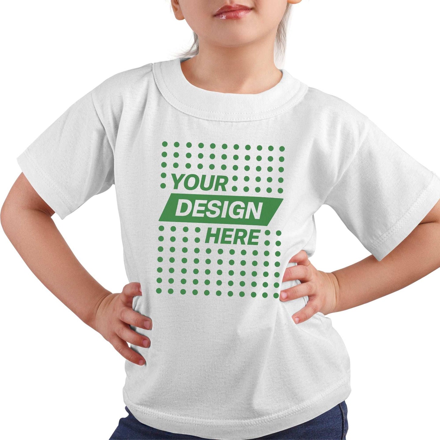 Young kid wearing a white custom T-shirt with "Your Design Here" print – promoting personalized kids’ graphic T-shirt printing in Canada by CZORZ.








