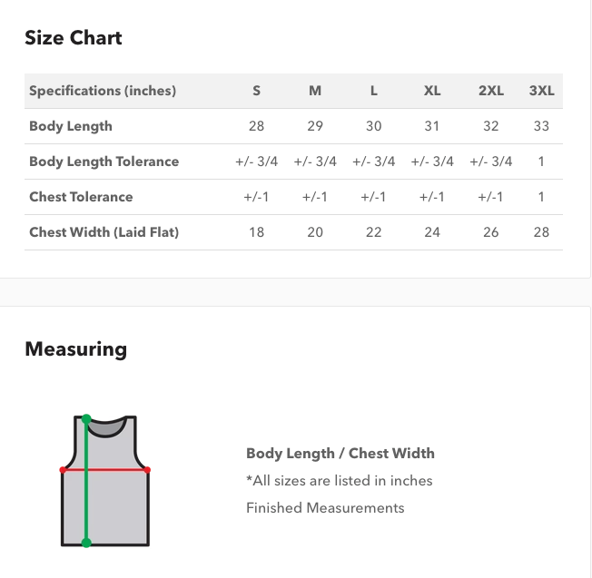 Size chart and measuring guide for custom tank tops Canada – includes body length, chest width, and tolerances from size S to 3XL. Ideal for accurate sizing before ordering from CZORZ's men's custom apparel collection.
