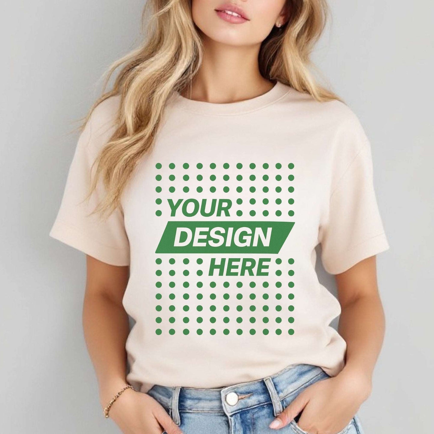 Woman wearing a beige custom T-shirt with "Your Design Here" print – showcasing personalized T-shirt printing for women in Canada by CZORZ.