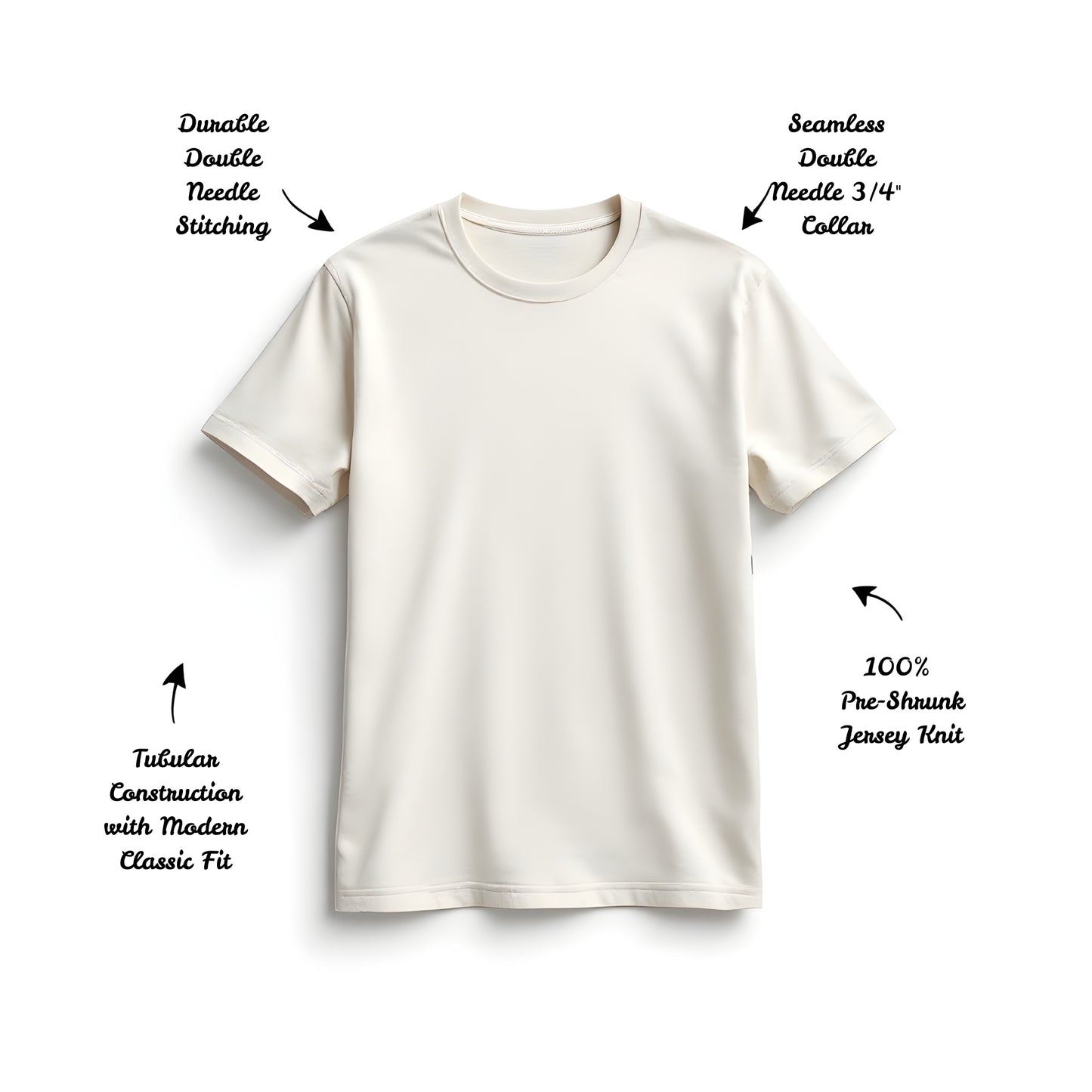 Beige custom T-shirt highlighting key features including double needle stitching, 3/4" seamless collar, tubular construction, and 100% pre-shrunk jersey knit – quality apparel by CZORZ in Canada.