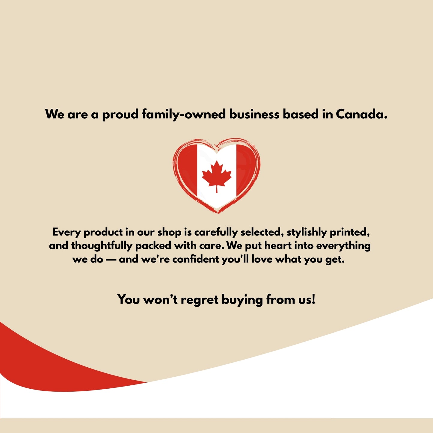 Graphic featuring a heart-shaped Canadian flag and message about CZORZ being a family-owned custom T-shirt business in Canada, focused on quality, care, and customer satisfaction