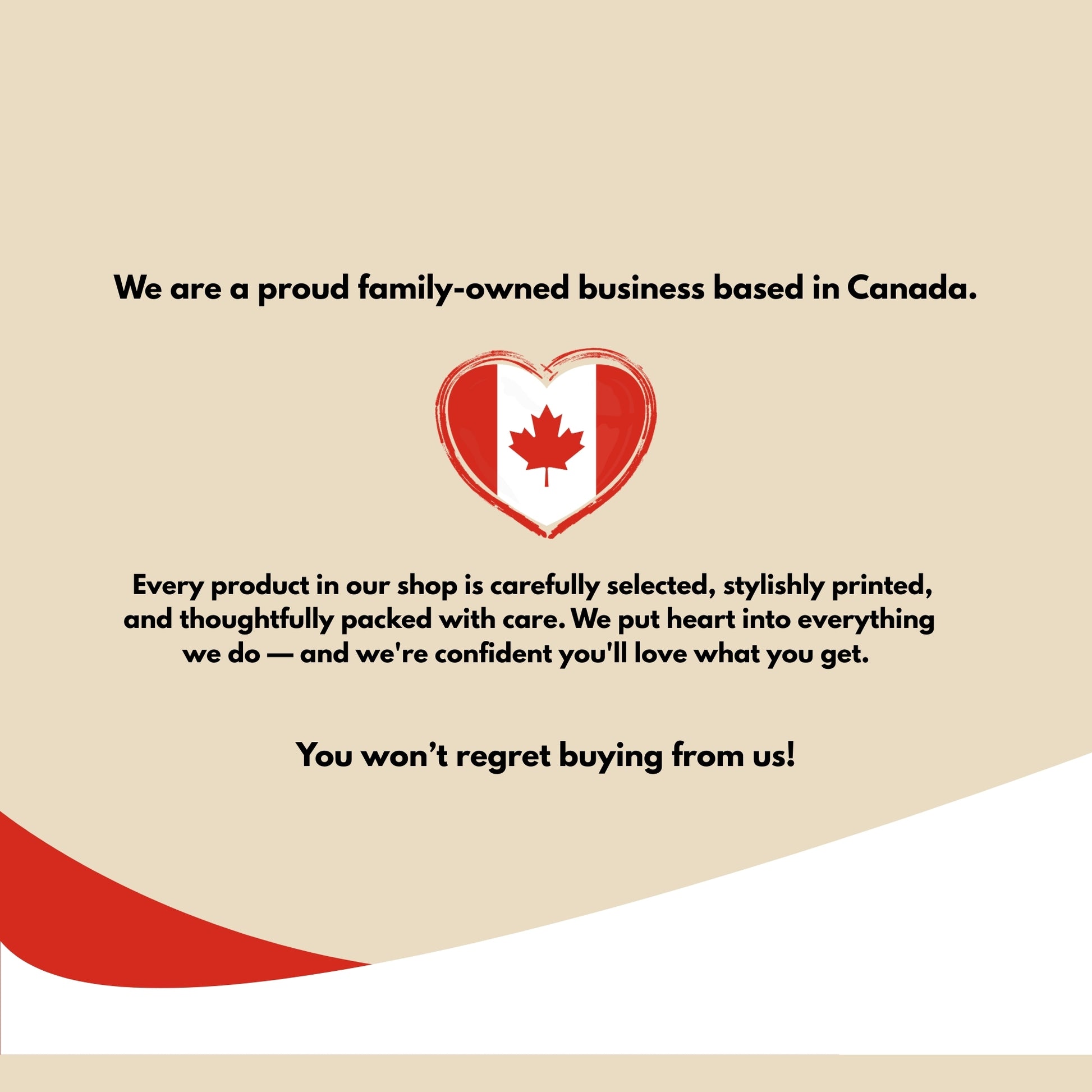 Graphic with a heart-shaped Canadian flag and message highlighting CZORZ as a proud family-owned business in Canada offering carefully selected, stylishly printed custom T-shirts.