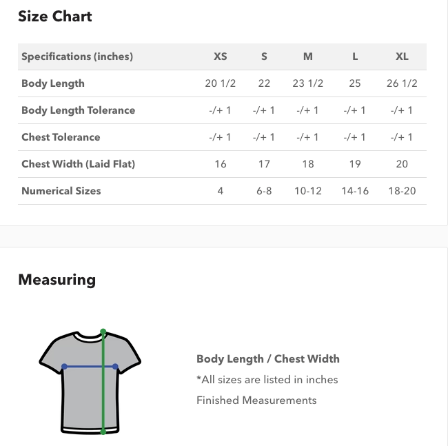 Size chart and measuring guide for kids’ custom T-shirts, showing body length, chest width, and numerical sizes from XS to XL – CZORZ custom T-shirt sizing in Canada.