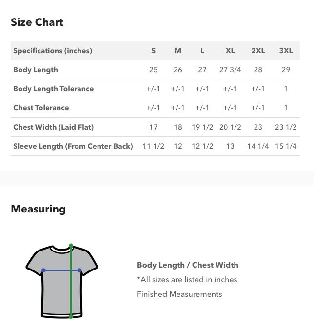 T-shirt size chart with measuring guide showing body length, chest width, and sleeve length in inches – for CZORZ custom T-shirts in Canada.